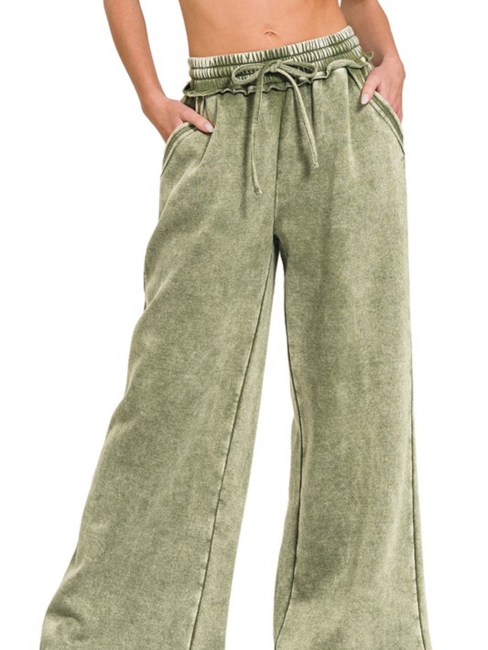 Zenana Acid Wash Fleece Wide Leg Sweatpants Drawstring Lounge Pants Lt Olive - Picture 2 of 2